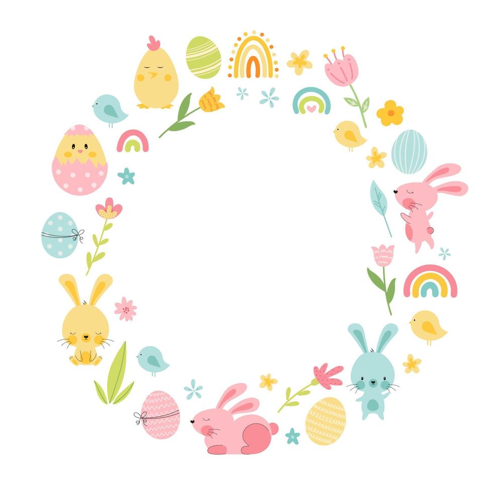 carino contento Pasqua telaio con coniglietto e uova, arcobaleno, fiori, pulcino. decorativo colorato Pasqua uova, conigli. vuoto spazio per il tuo testo. cartone animato vacanza vettore sfondo