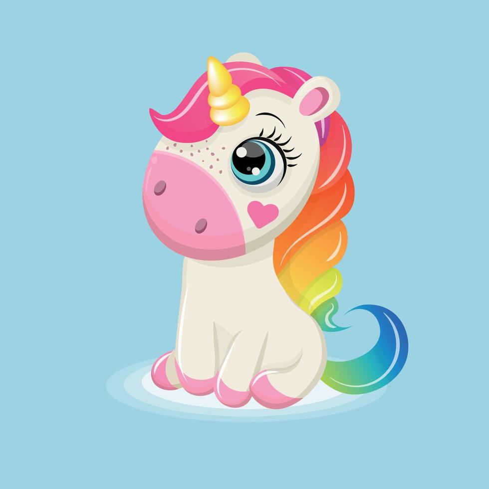 bianca cartone animato carino unicorno con arcobaleno, rosa cuore e d'oro corno. magico unicorno con arcobaleno criniera vettore