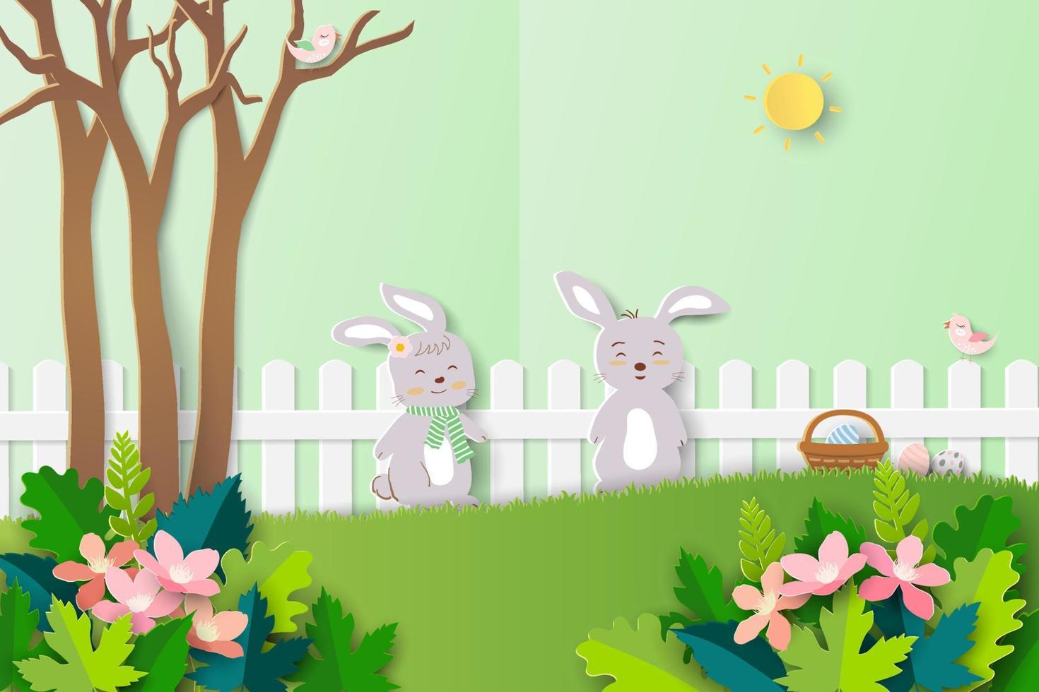 Pasqua saluto carta su carta arte sfondo con carino conigli contento nel bellissimo primavera giardino vettore