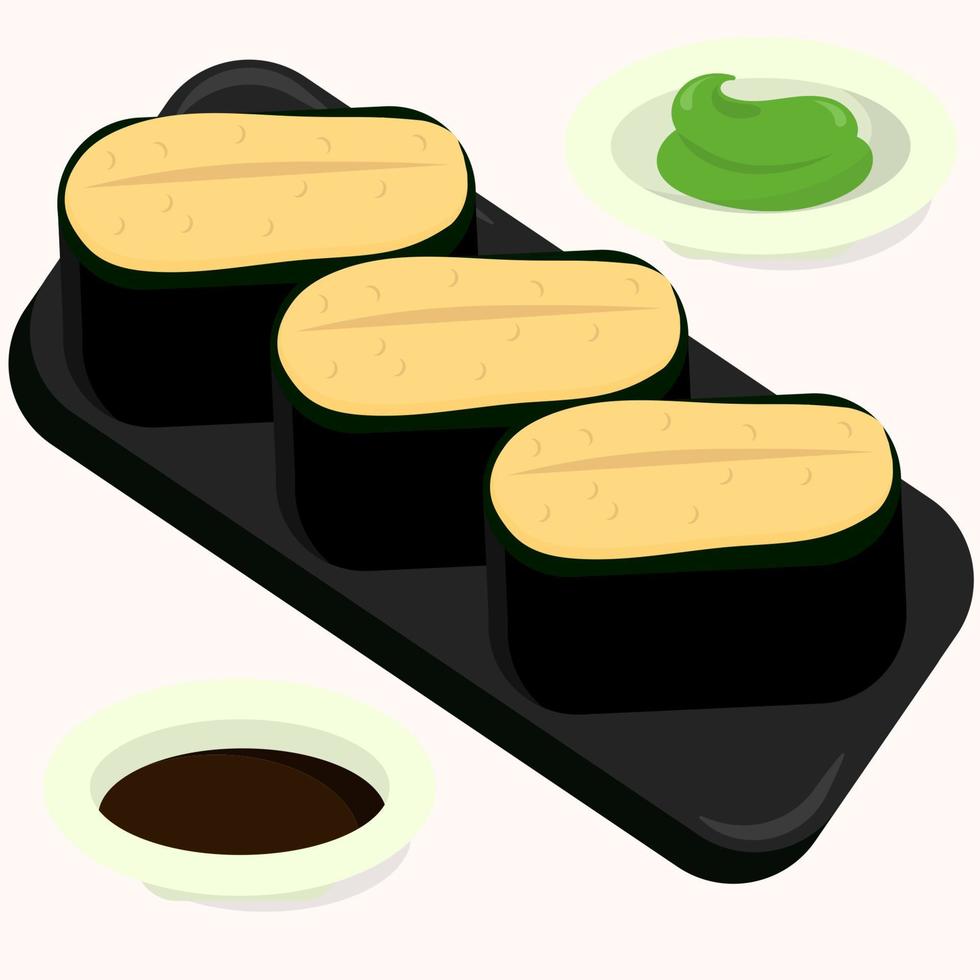 isolato gunkan mare riccio Sushi con wasabi e shoyu su bianca sfondo vettore