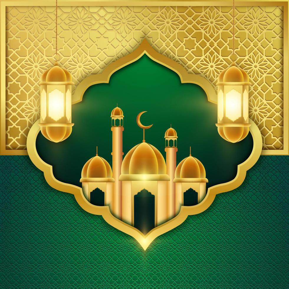 islamico sfondo saluto d'oro modello con lanterna e moschea vettore design