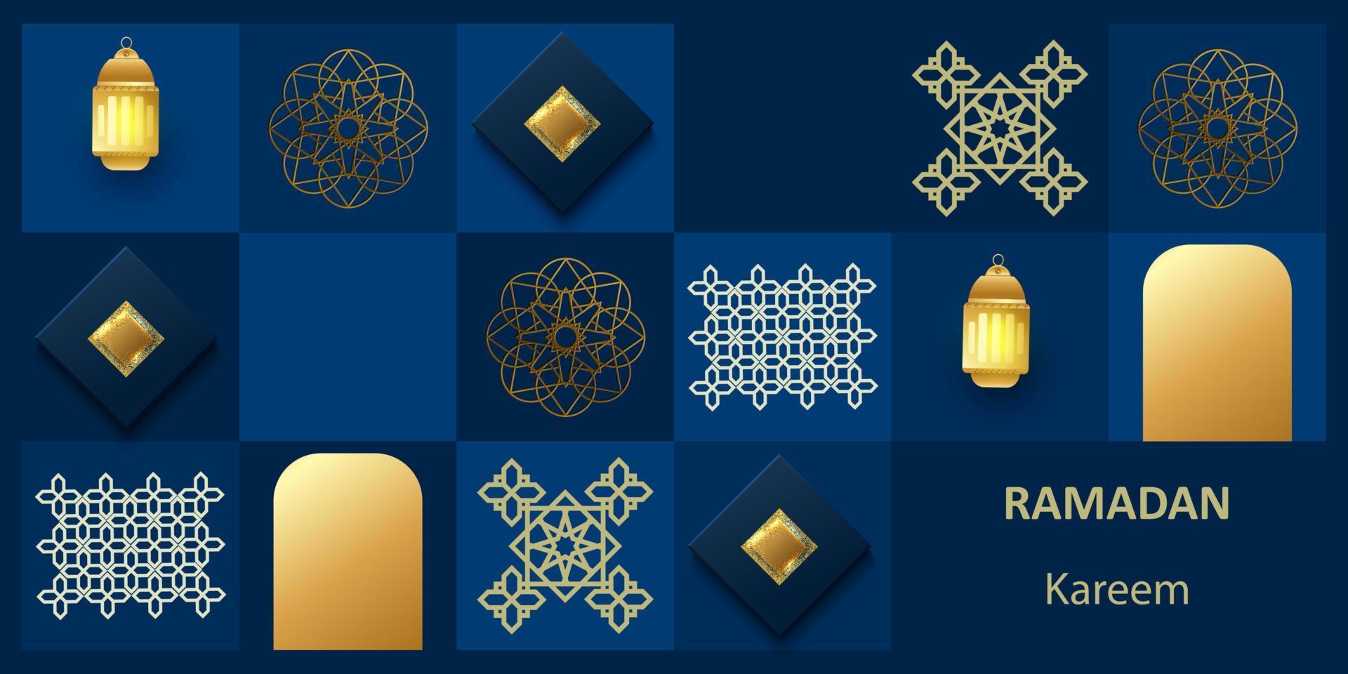 Ramadan kareem manifesto. islamico cartolina, bandiera modello. moderno design con geometrico modello e tradizionale ornamenti nel blu, oro, viola. geometrico mosaico .vettore illustrazione vettore