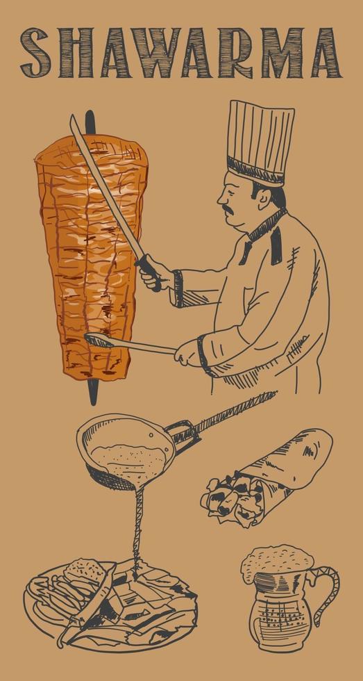 cucina shawarma e ingredienti per kebab. vettore