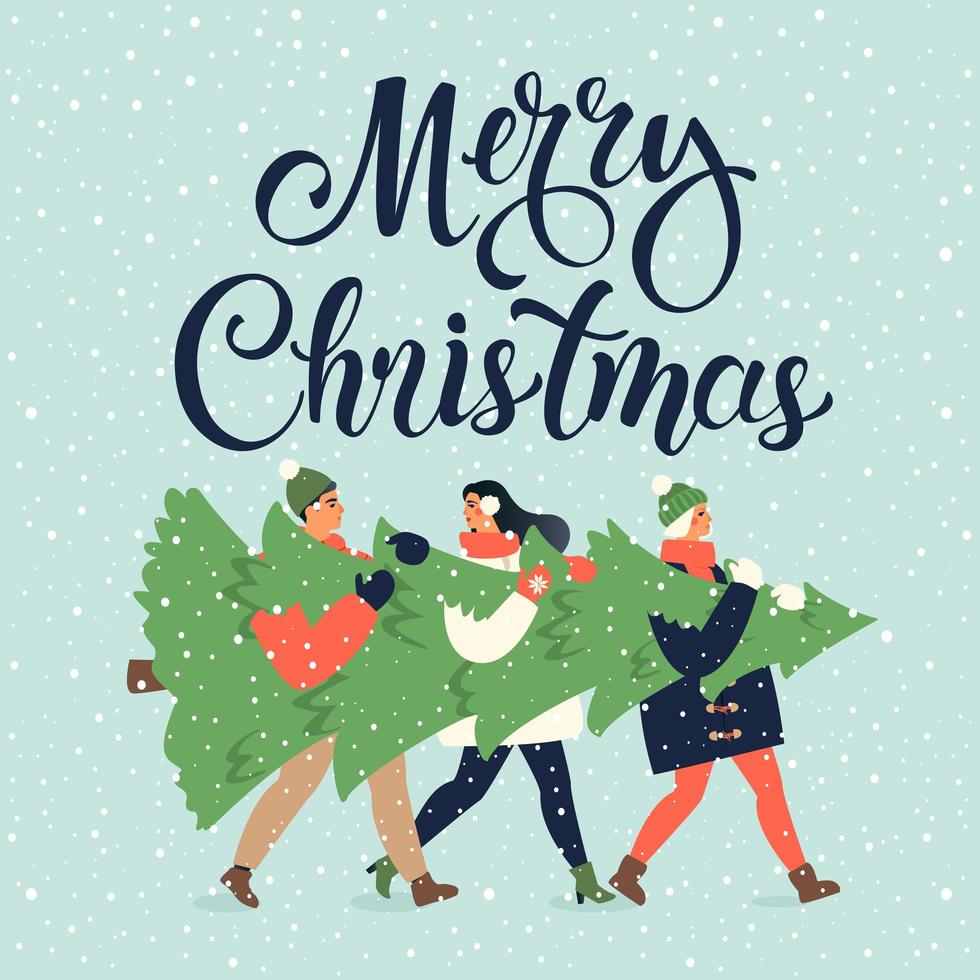 buon natale e felice anno nuovo biglietto di auguri. gruppo di persone che trasportano un grande albero di pino di Natale insieme per le festività natalizie con decorazioni, regali vettore