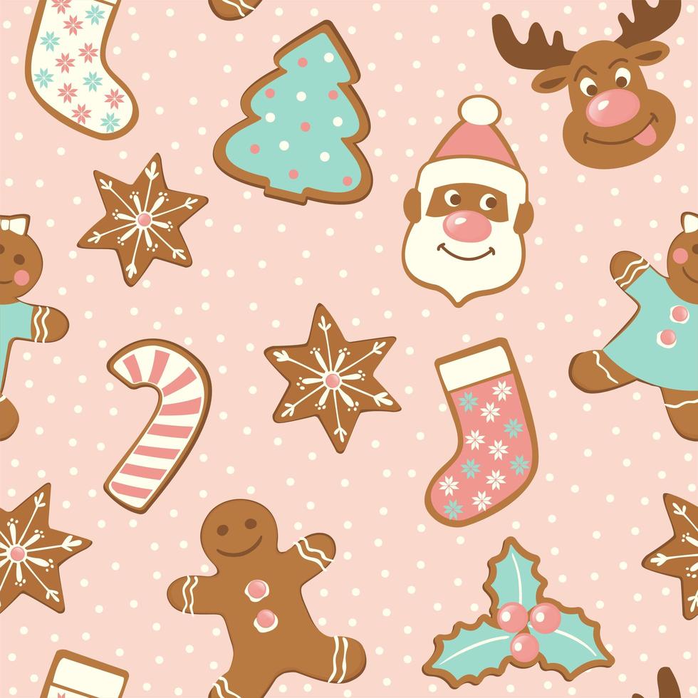 set di simpatici biscotti di panpepato per natale. isolato su sfondo bianco. Vector seamless pattern.