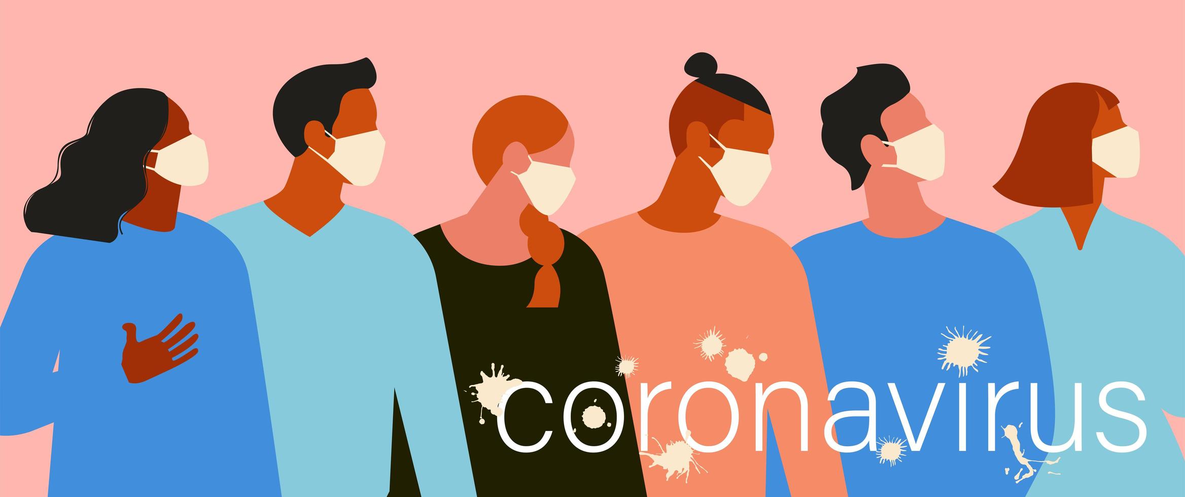 nuovo coronavirus 2019 ncov, donne e uomini con maschera facciale medica. concetto di quarantena del coronavirus. il virus è come le macchie. illustrazione vettoriale. vettore