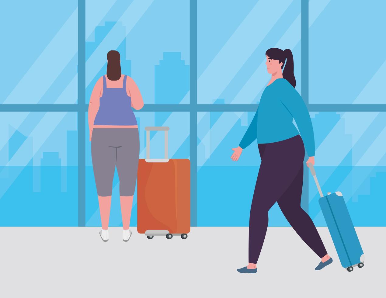 donne con bagagli nel terminal dell'aeroporto vettore