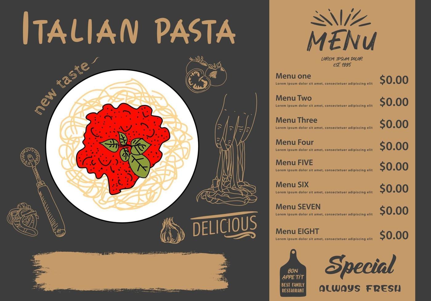 spaghetti italiani. disegno del menu del cibo. vettore