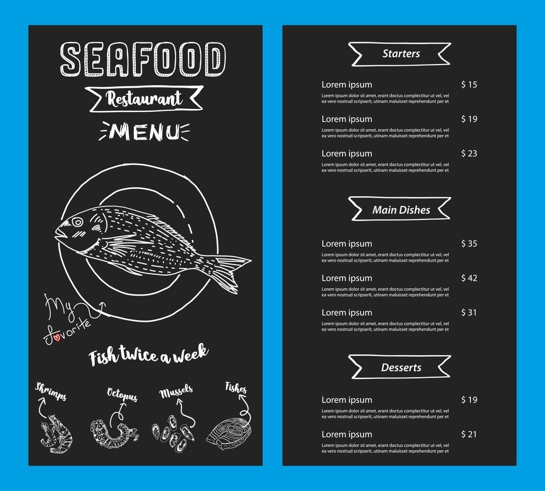 modello di menu del ristorante di pesce. vettore. vettore