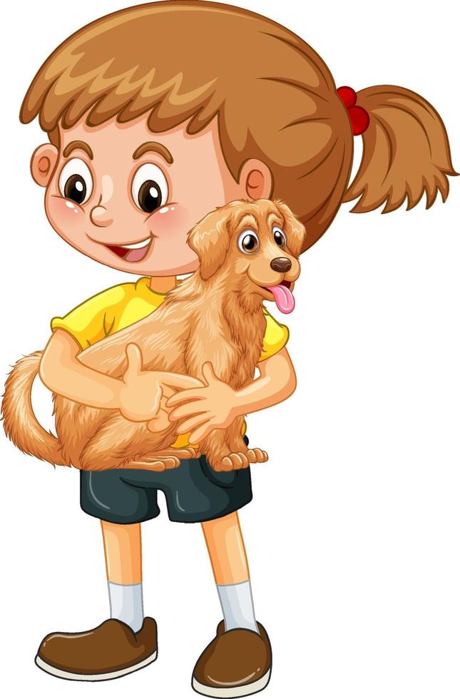 una ragazza con simpatico personaggio dei cartoni animati di cane isolato su sfondo bianco vettore