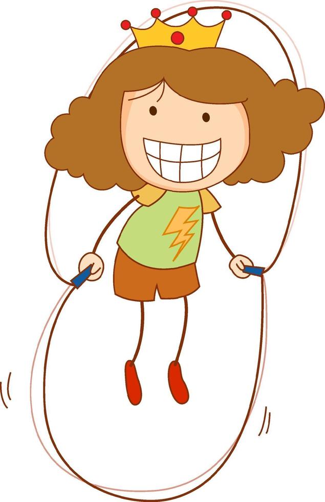 un personaggio dei cartoni animati di doodle kid saltare la corda isolato vettore