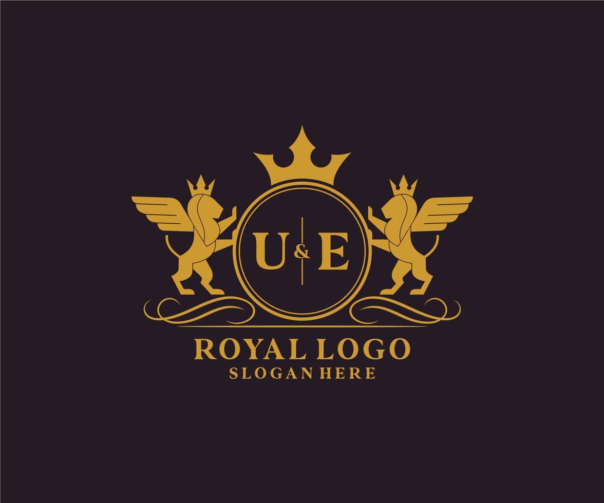 iniziale ue lettera Leone reale lusso stemma araldico logo modello nel vettore arte per ristorante, regalità, boutique, bar, Hotel, araldico, gioielleria, moda e altro vettore illustrazione.