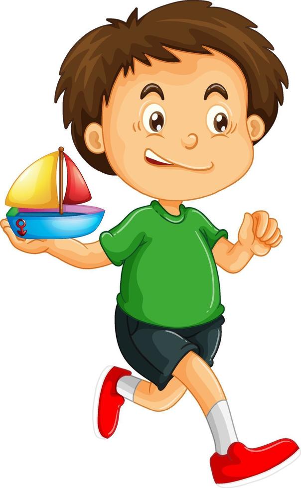 un ragazzo che tiene un personaggio dei cartoni animati giocattolo nave isolato su sfondo bianco vettore