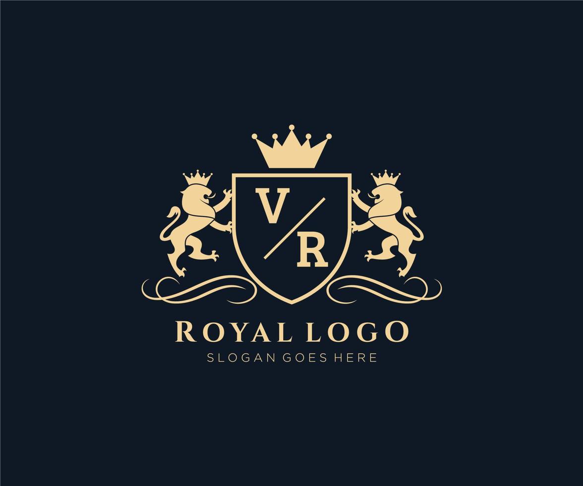 iniziale vr lettera Leone reale lusso stemma araldico logo modello nel vettore arte per ristorante, regalità, boutique, bar, Hotel, araldico, gioielleria, moda e altro vettore illustrazione.