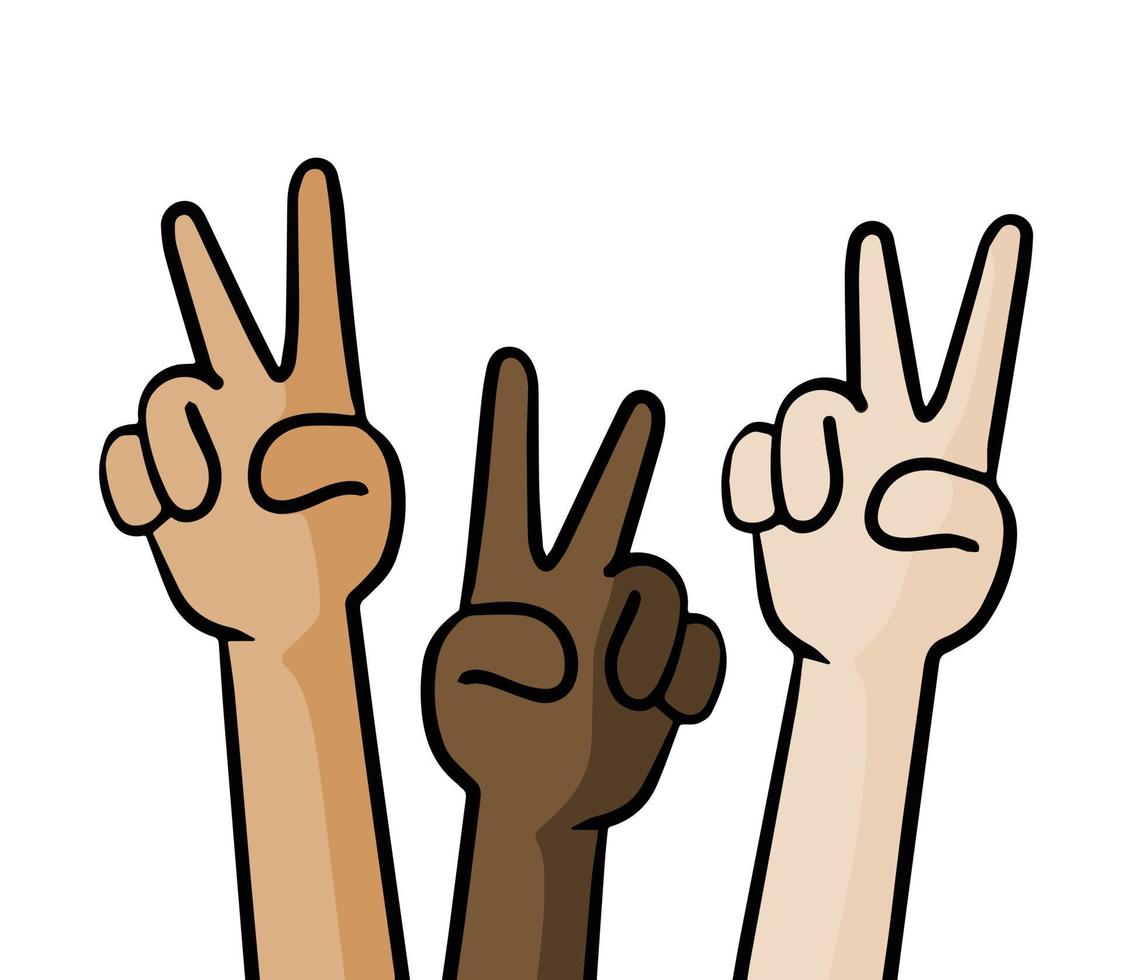 multiculturalismo e diversità. cartone animato mani mostrare vittoria cartello. dita con v vettore