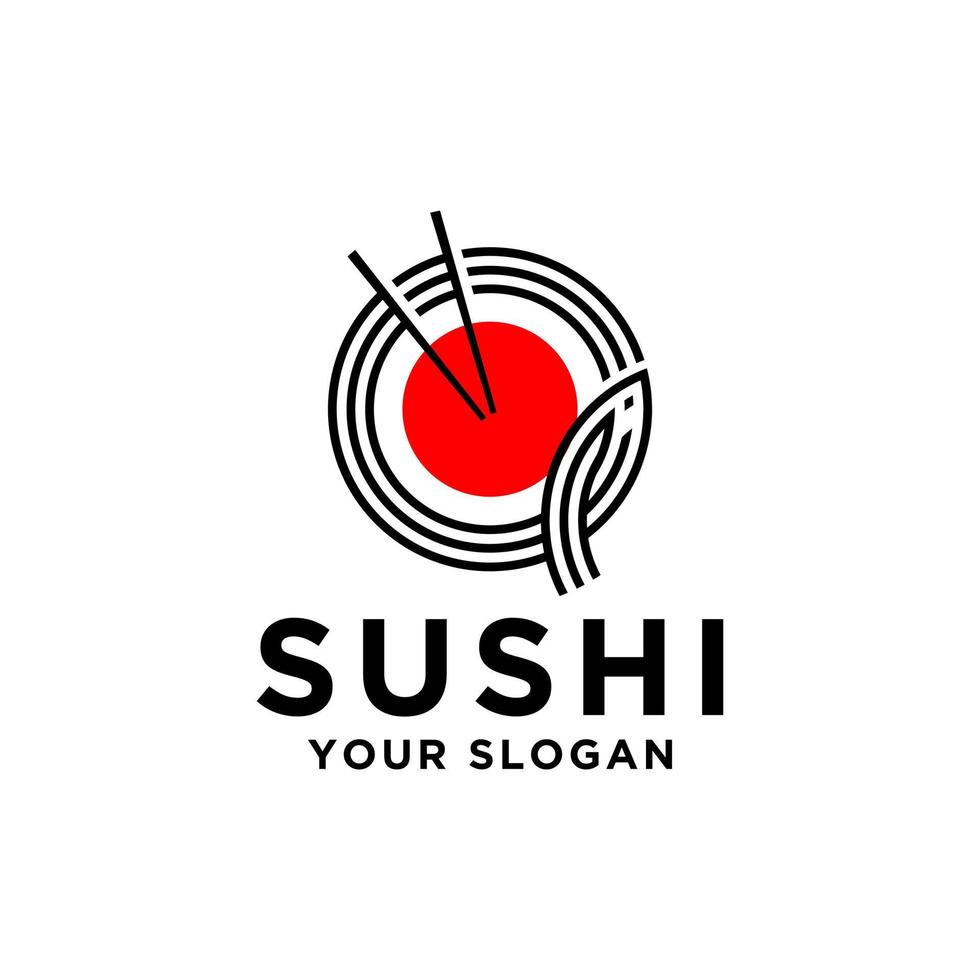 giapponese Sushi frutti di mare logo design vettore, bacchette e ciotola modello, cibo e bevande illustrazione vettore