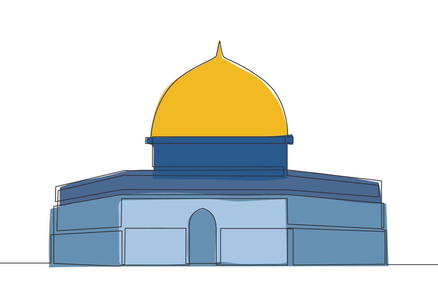 uno continuo linea disegno di islamico storico punto di riferimento Masjid o moschea cupola di il roccia. il antico edificio quello uso come un' posto di culto per musulmano singolo linea disegnare design vettore illustrazione