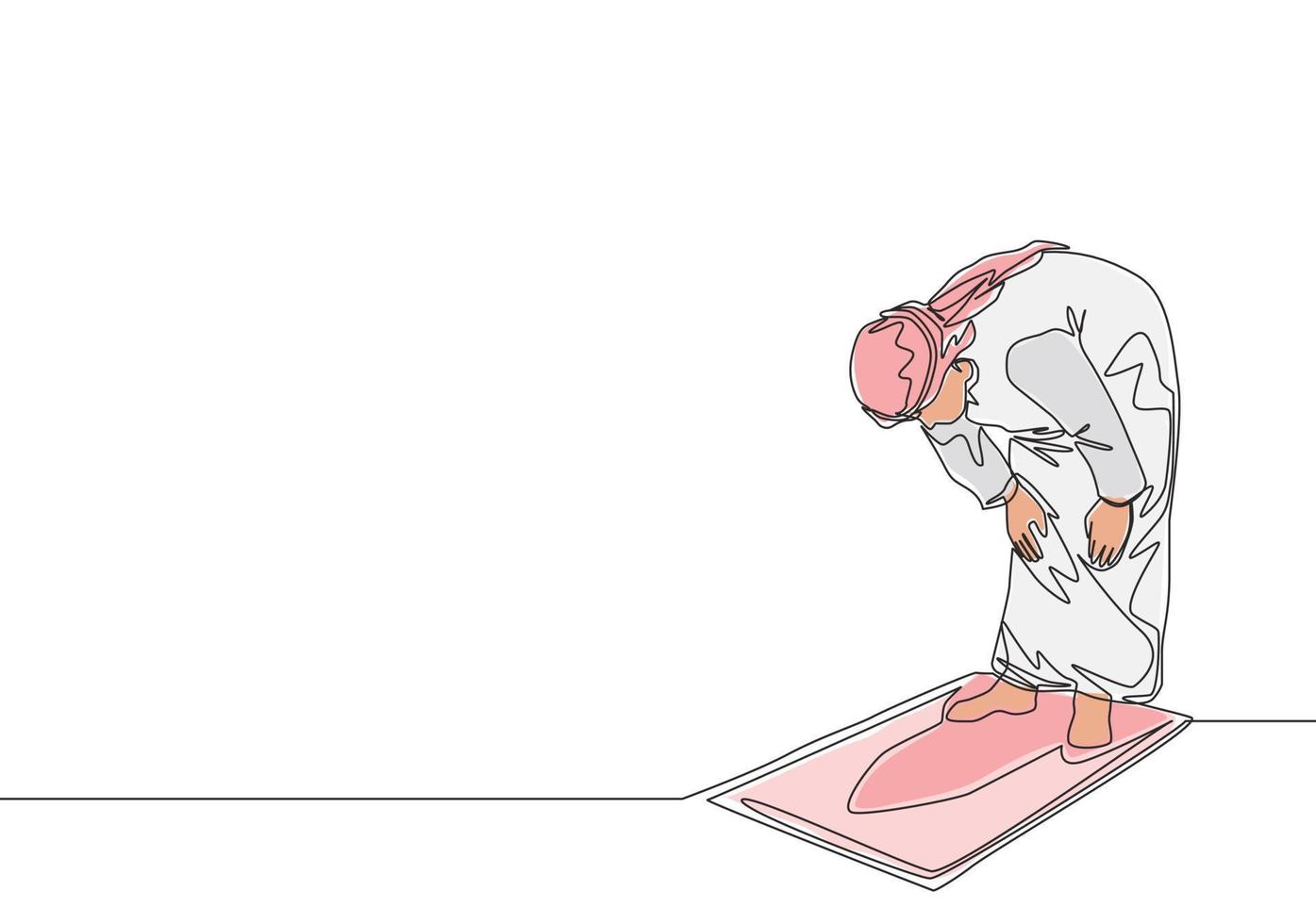 uno singolo linea disegno di musulmano persona pregare salat su sajadah a ruku posizione nel shmag tradizionale arabo stoffa. eid mubarak saluto carta concetto continuo linea disegnare design vettore illustrazione