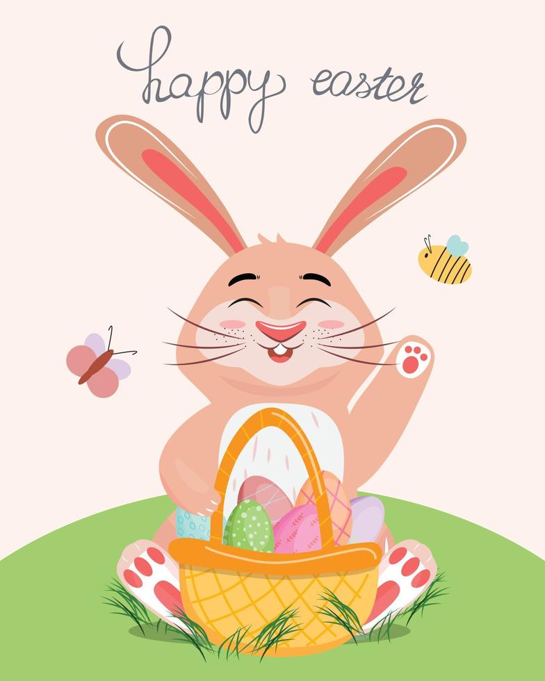 vacanza carta design per Pasqua con un' carino coniglietto e cestino pieno di il dipinto uova. vettore