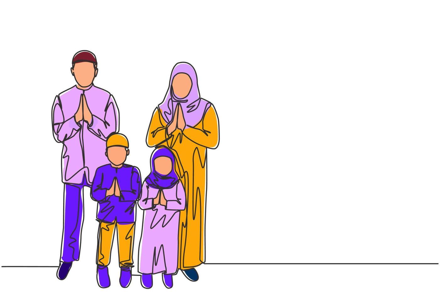 Ramadan kareem saluto carta, manifesto e bandiera design. uno singolo linea disegno di contento musulmano islamico famiglia - padre, madre, figlia e figlio. eid mubarak continuo linea disegnare vettore illustrazione