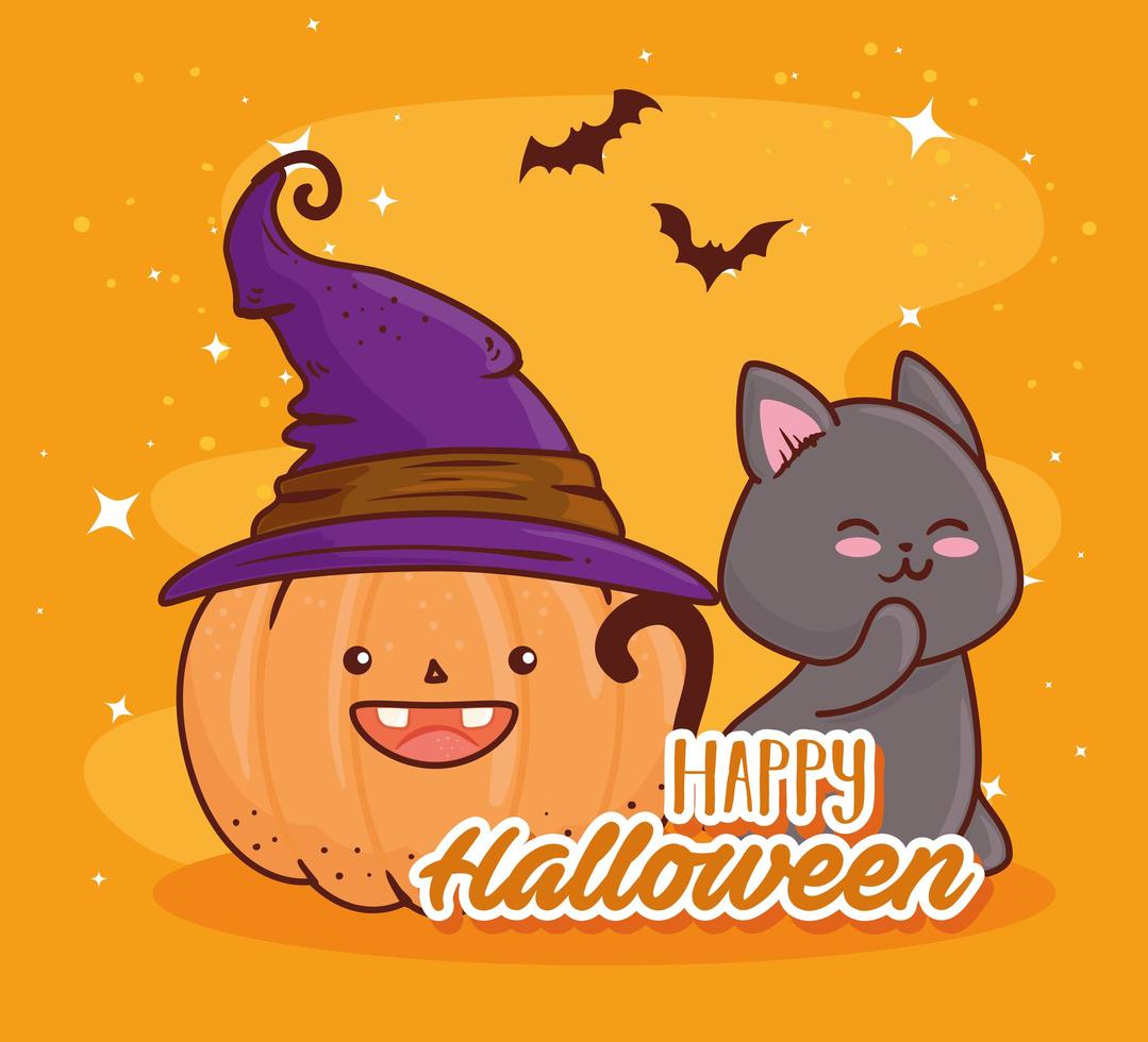 felice halloween, zucca carina con un cappello da strega e un gatto vettore