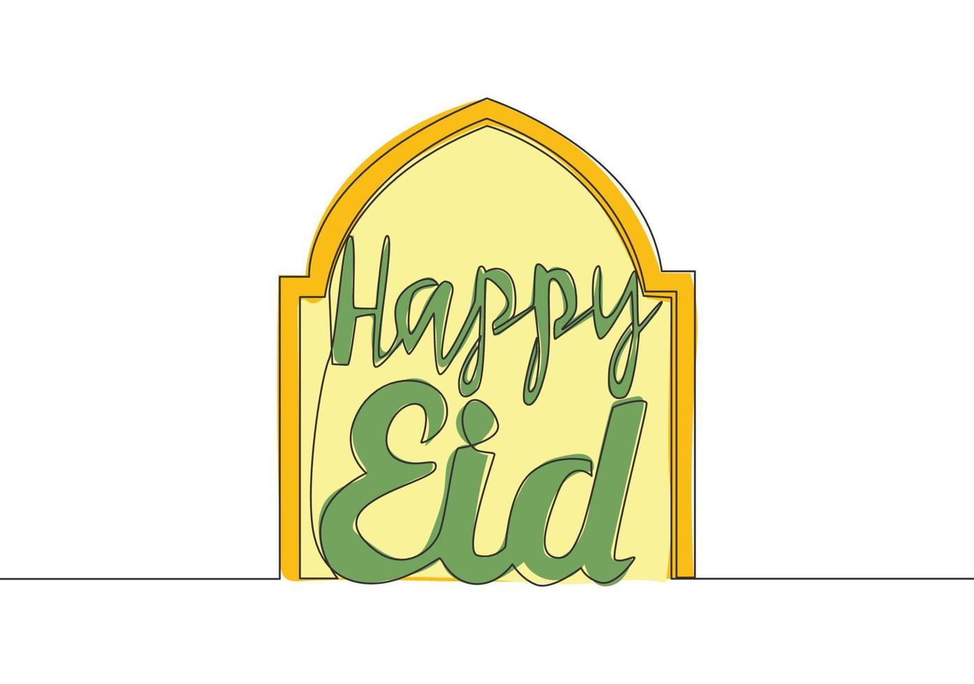 singolo continuo linea disegno di contento eid al Fitr mubarak e Ramadan kareem concetto. islamico vacanza calligrafico design per Stampa, saluto carta, striscione, manifesto. uno linea disegnare design illustrazione vettore
