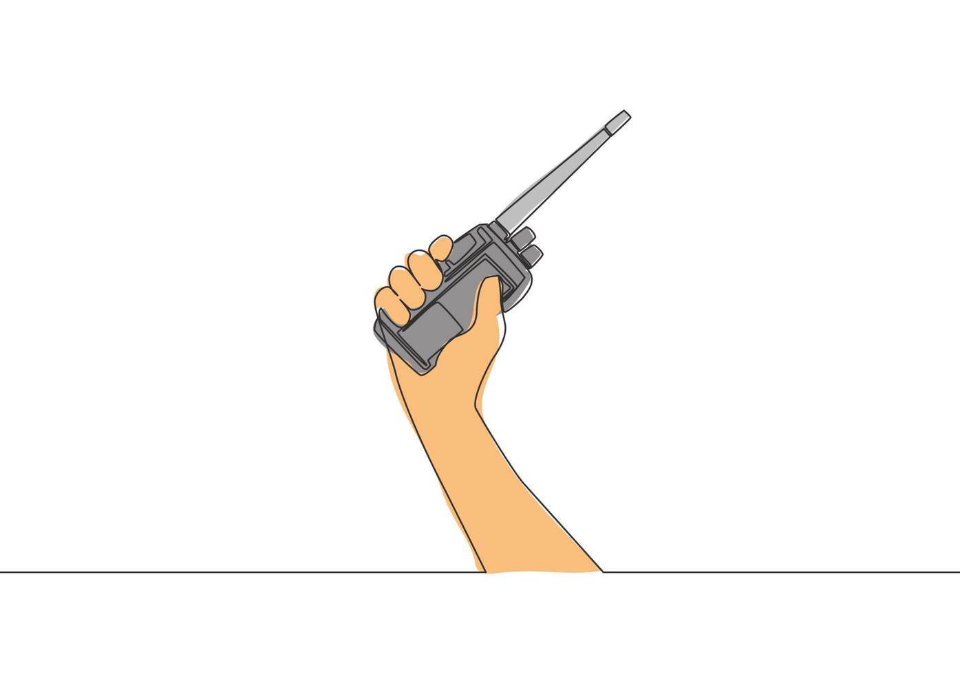 uno singolo linea disegno di uomo Tenere walkie talkie per comunicare. comunicazione dispositivo concetto. continuo linea disegnare vettore design illustrazione