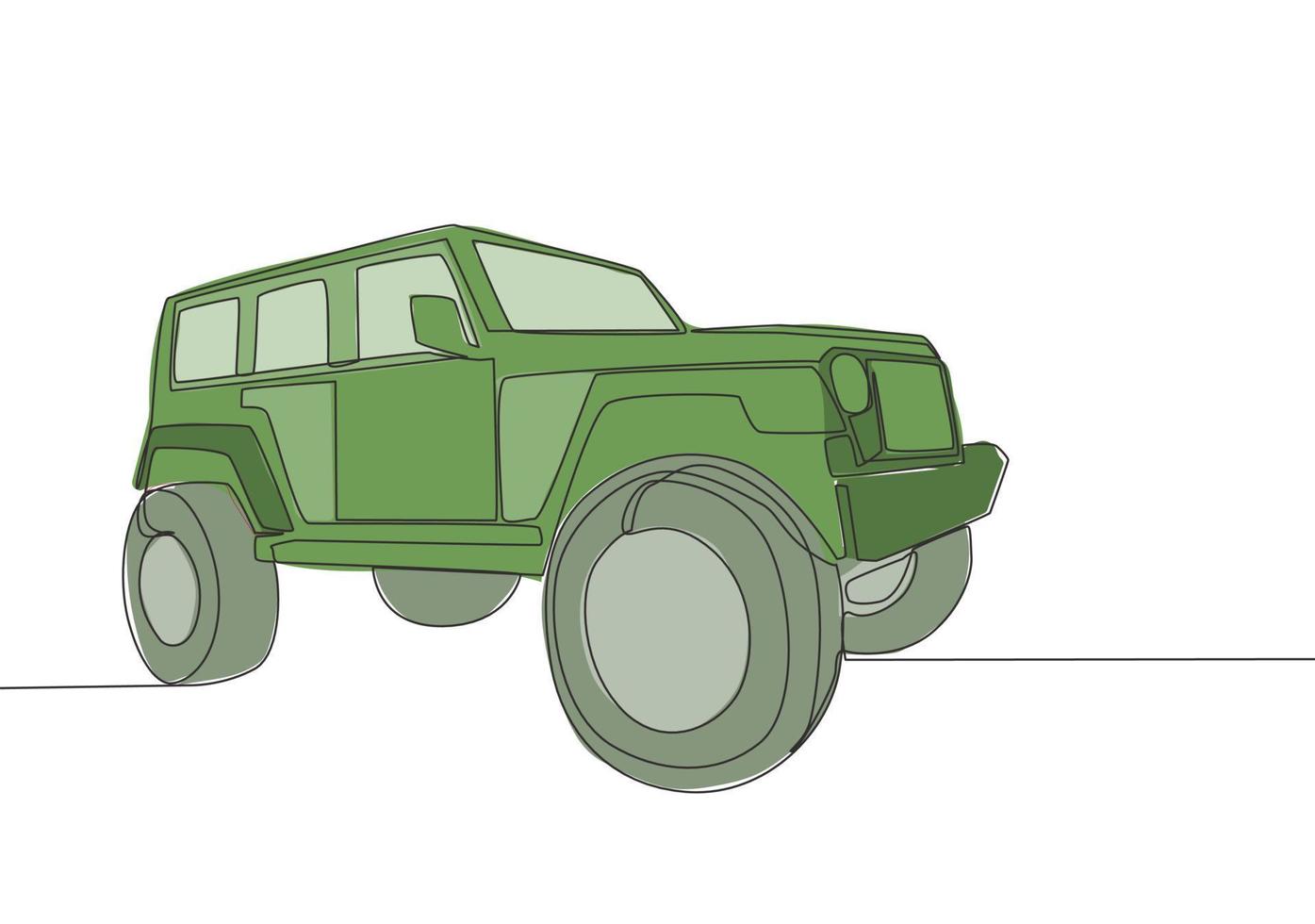singolo linea disegno di 4x4 ruota guidare difficile camionetta pista macchina. avventura fuori strada rally veicolo mezzi di trasporto concetto. uno continuo linea disegnare design vettore