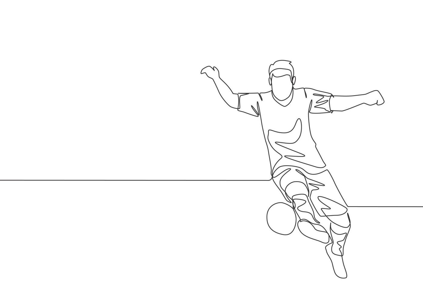 uno continuo linea disegno di giovane talentuoso calcio giocatore controllo il palla con il suo giusto piede. calcio incontro gli sport concetto. singolo linea disegnare design vettore illustrazione