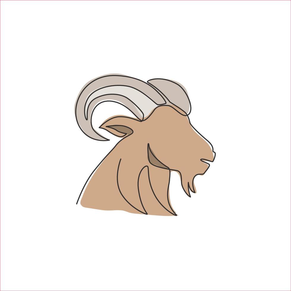 un disegno a linea singola di una testa di capra carina e divertente per l'identità del logo dell'allevamento. concetto di emblema della mascotte di agnello per l'icona della zootecnia. grafica di illustrazione vettoriale di disegno di disegno di linea continua dinamica