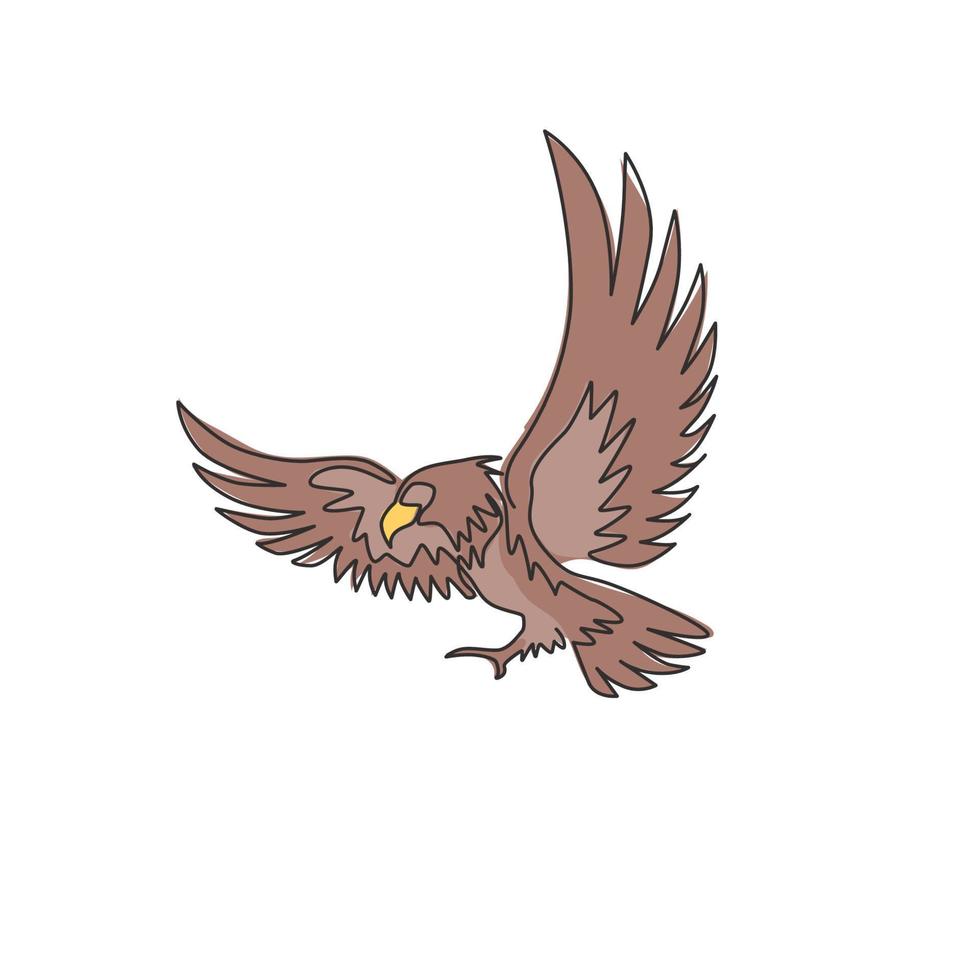 un unico disegno a tratteggio di un forte uccello aquila per l'identità del logo aziendale. concetto di mascotte falco per l'icona dell'aeronautica. illustrazione vettoriale grafica di disegno di disegno di linea continua dinamica