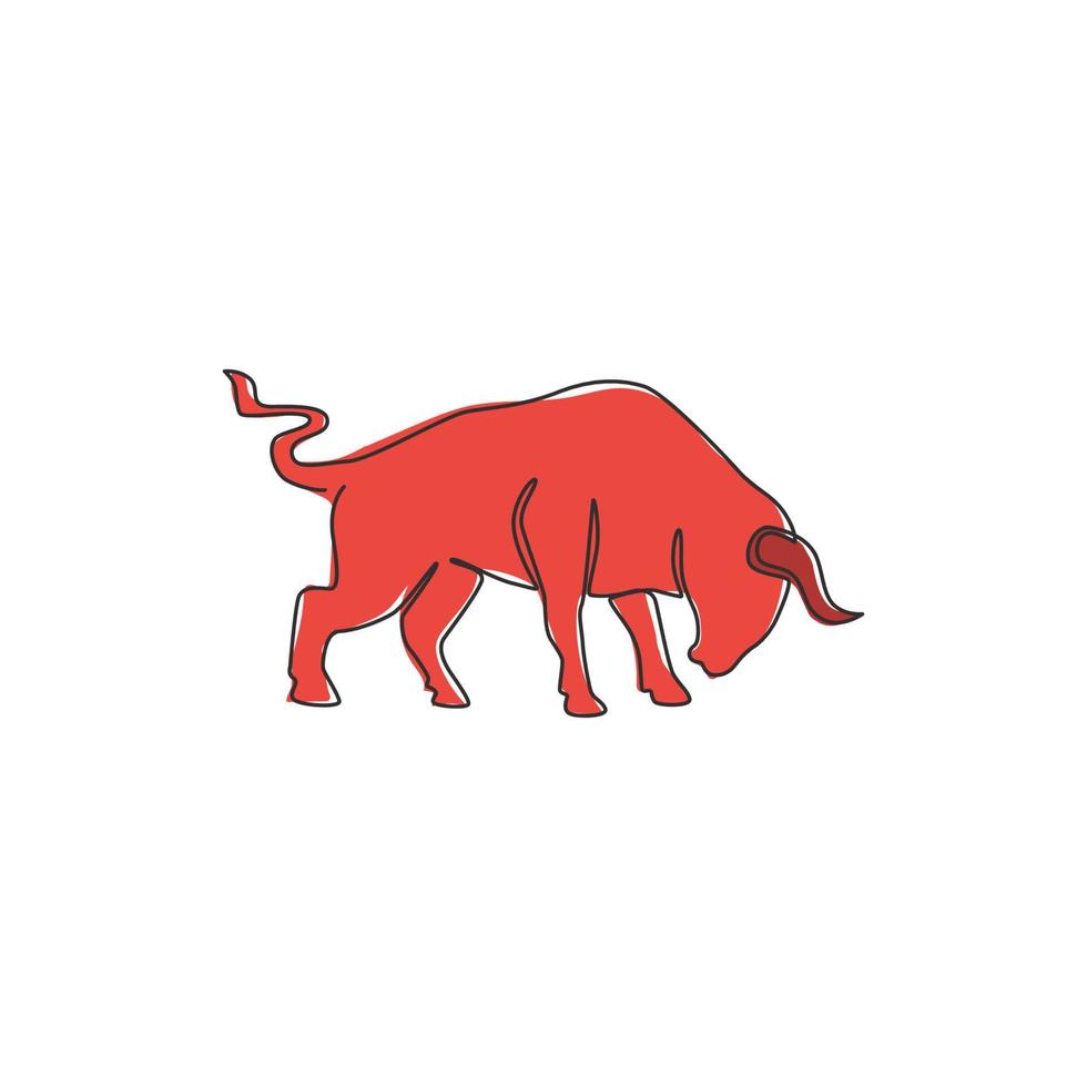 un disegno a tratteggio del bufalo di eleganza per l'identità del logo del parco nazionale di conservazione. grande e forte concetto di mascotte toro per spettacolo di rodeo. illustrazione di progettazione grafica vettoriale di disegno di linea continua alla moda