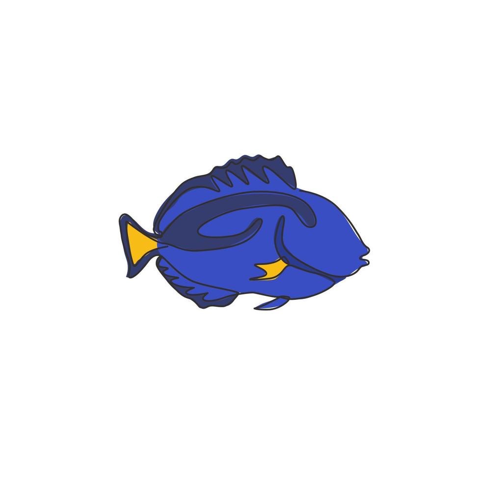 un disegno a linea continua di un simpatico pesce azzurro per l'identità del logo aziendale. concetto di mascotte di pesce chirurgo per l'icona dello spettacolo acquatico. illustrazione grafica vettoriale di design moderno a linea singola