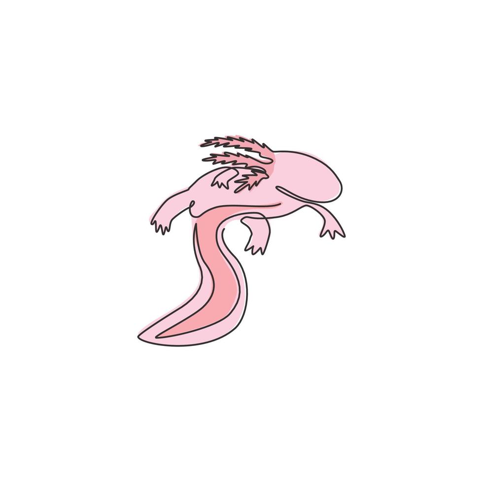 disegno a linea continua di axolotl di bellezza per l'identità del logo aziendale. concetto messicano della mascotte del pesce che cammina per l'icona della creatura acquatica. illustrazione grafica vettoriale moderna di disegno di una linea di disegno