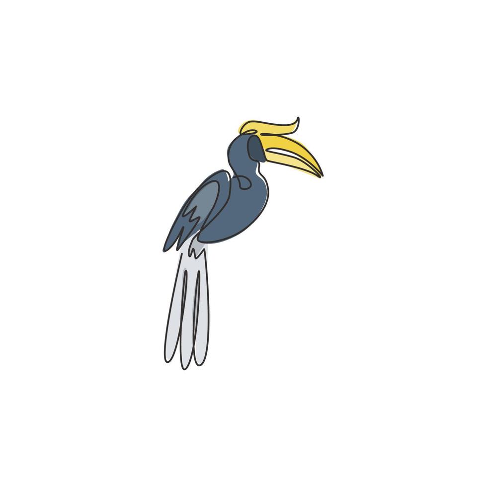 un disegno a tratteggio continuo di un simpatico bucero per l'identità del logo aziendale. grande concetto di mascotte uccello becco per l'icona del parco nazionale di conservazione. illustrazione vettoriale di design moderno a linea singola