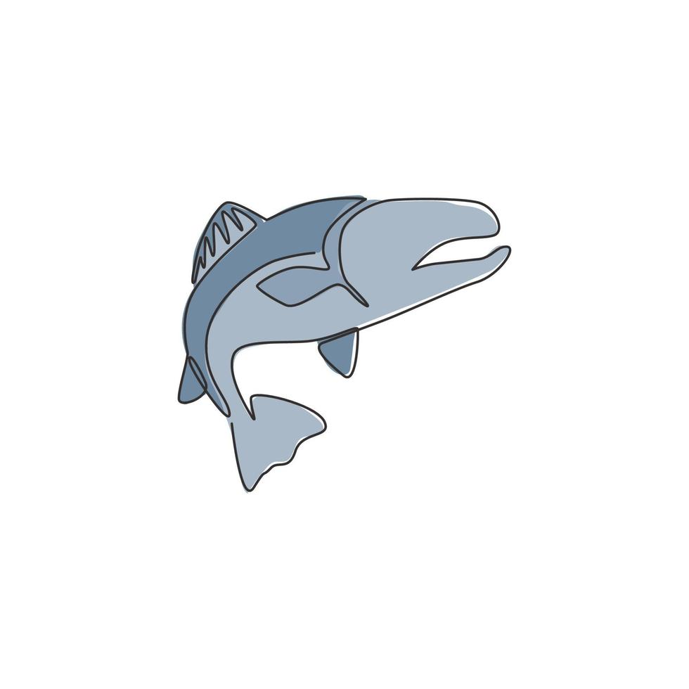 un disegno a tratteggio continuo di un grande salmone per l'identità del logo della pesca. concetto di mascotte di pesce per fast food può icona. grafica dell'illustrazione di vettore di disegno di disegno a linea singola