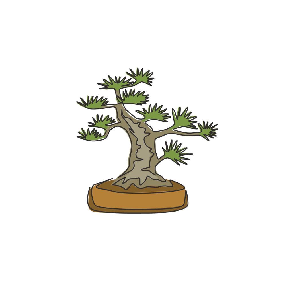 disegno a una linea di bellezza e mini albero bonsai esotico per la stampa artistica di poster da parete. vecchia pianta curva in vaso decorativo per negozio di piante. illustrazione vettoriale di disegno di disegno di linea continua moderna