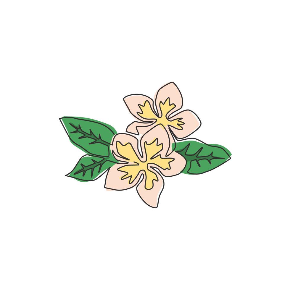 una linea di disegno di bellezza fresca plumeria per la stampa di poster di arte della parete della decorazione della casa. concetto di fiore decorativo frangipani per invito a nozze. illustrazione vettoriale di disegno di disegno di linea continua moderna