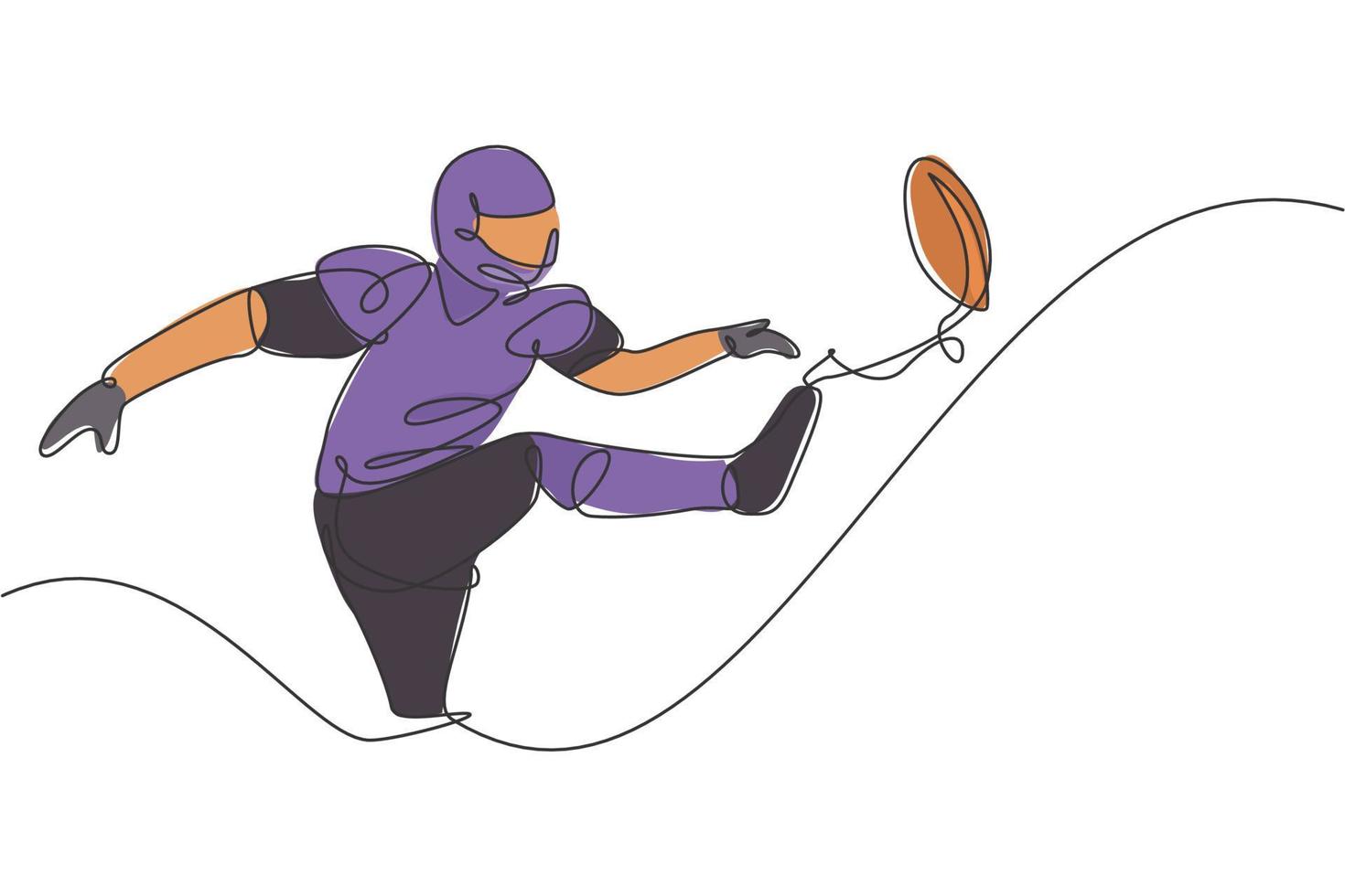uno continuo linea disegno di giovane uomo americano calcio giocatore calciando il palla difficile a arena per lega promozione. sport concorrenza concetto. moderno singolo linea disegnare design vettore illustrazione