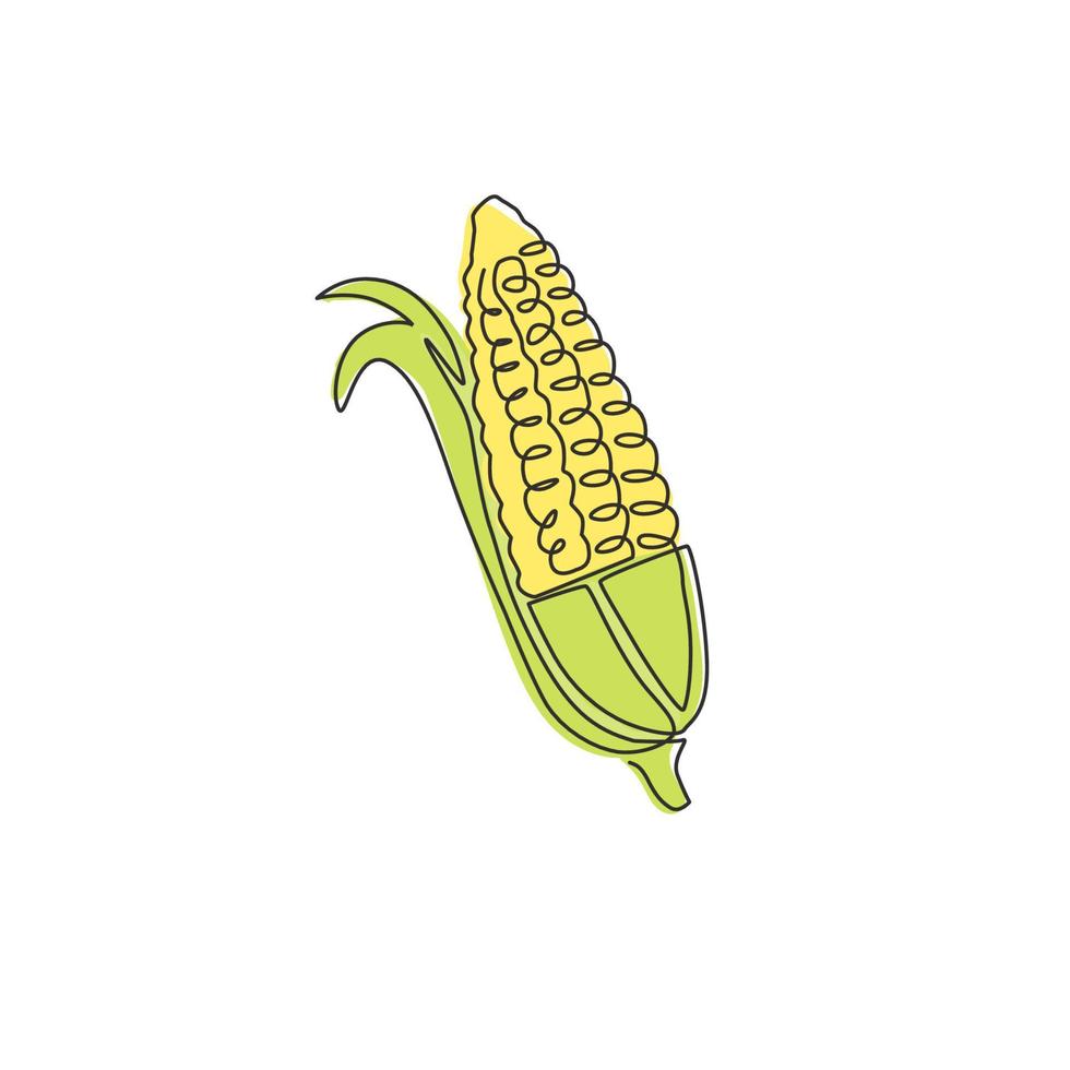 un unico disegno a tratteggio di un intero raccolto di mais biologico sano per l'identità del logo dell'azienda agricola. concetto di mais fresco per icona di verdure amidacee. illustrazione vettoriale grafica di disegno di disegno di linea continua moderna