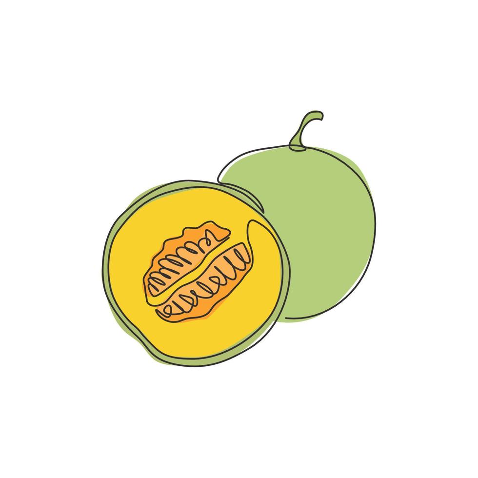 un disegno a linea continua di melone biologico sano intero e mezzo affettato per l'identità del logo del frutteto. concetto di frutta fresca per l'icona del giardino di frutta. illustrazione vettoriale di design moderno a linea singola