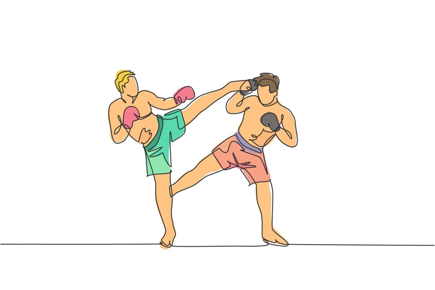 un disegno a linea singola di giovane uomo energico kickboxer pratica sparring combattimento con il partner nell'illustrazione vettoriale dell'arena di boxe. concetto di sport di stile di vita sano. moderno disegno a linea continua