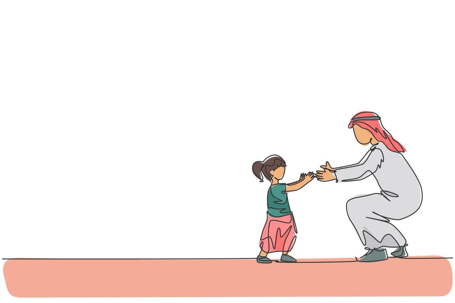 il disegno a linea continua di un giovane papà arabo insegna a camminare verso la figlia piccola a casa. concetto di paternità della famiglia felice musulmano islamico. illustrazione vettoriale di design alla moda con una linea di disegno