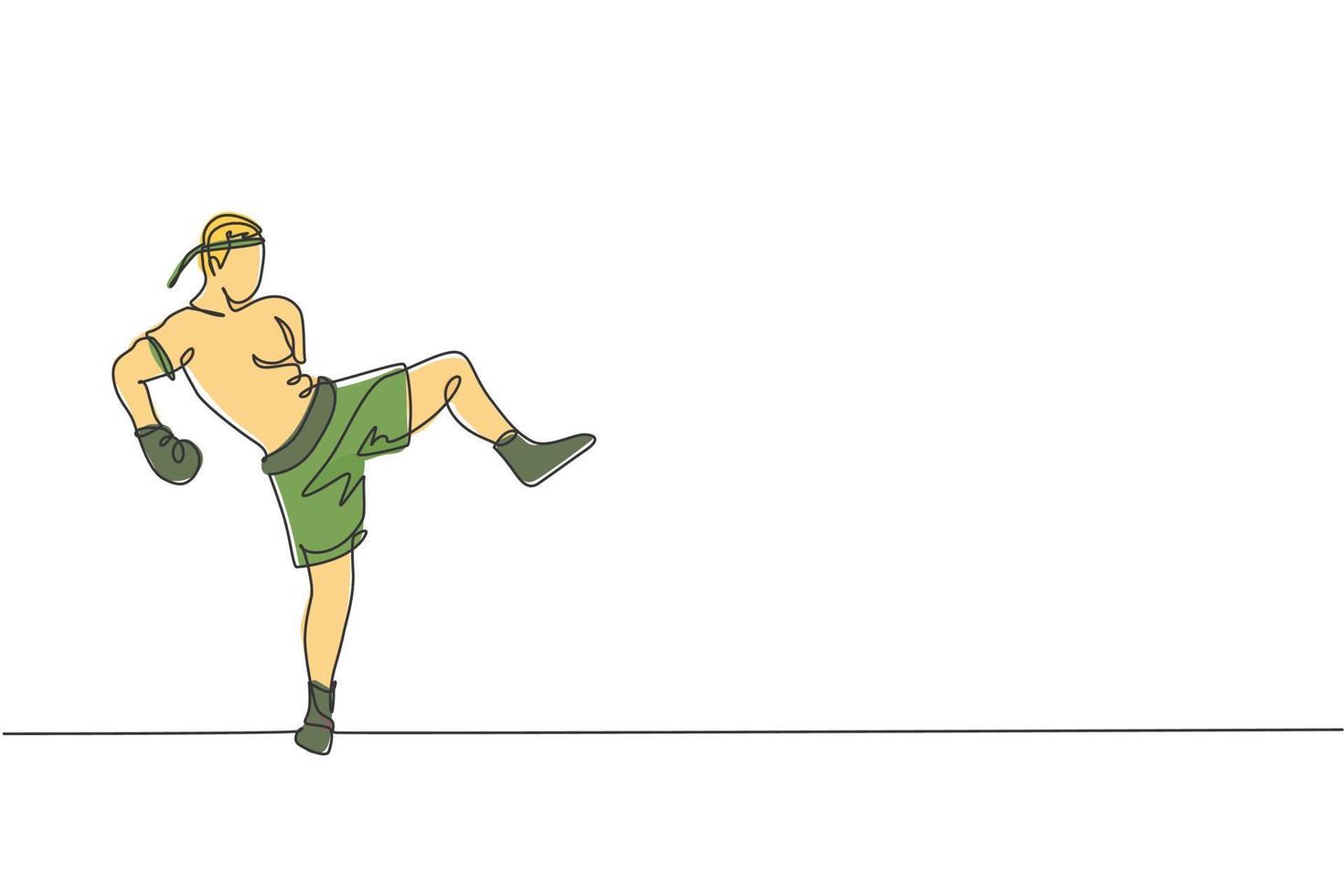un disegno a linea continua di un giovane pugile muay thai sportivo che si prepara a combattere, calcio in posizione all'arena dei box. concetto di gioco di sport di combattimento. illustrazione vettoriale di disegno grafico dinamico a linea singola