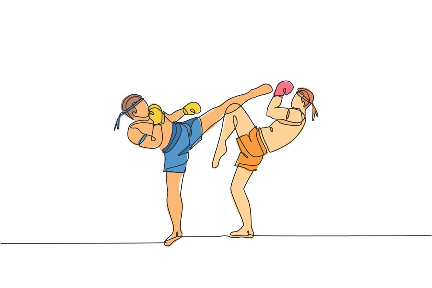 disegno a linea continua singola di due giovani uomini sportivi che allenano la boxe tailandese al centro del club di ginnastica. concetto di sport combattivo muay thai. evento di gara. illustrazione vettoriale di disegno di una linea alla moda