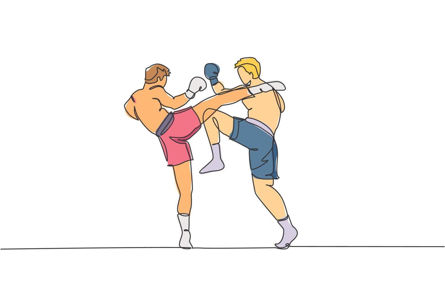 un unico disegno a linea continua di due giovani uomini sportivi allenano la lotta contro la boxe tailandese al centro della palestra insieme. concetto di sport combattivo muay thai. illustrazione vettoriale di disegno di una linea alla moda