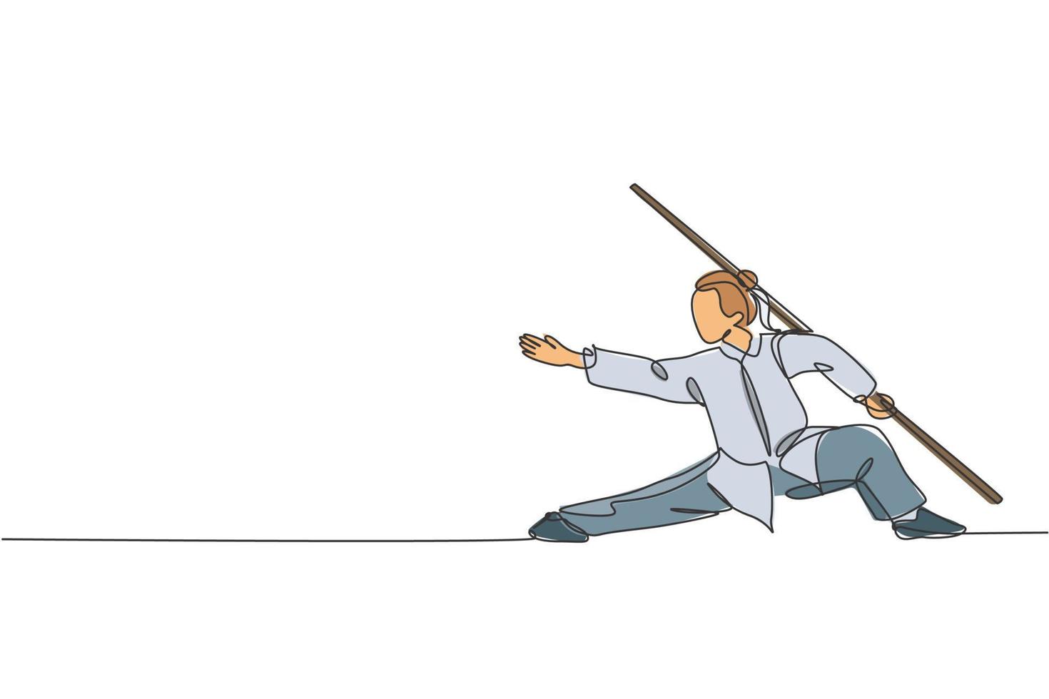un disegno a linea continua di una giovane maestra di Wushu, guerriera di kung fu in kimono con un lungo bastone in allenamento. concetto di concorso sportivo di arte marziale. illustrazione vettoriale dinamica del disegno a linea singola