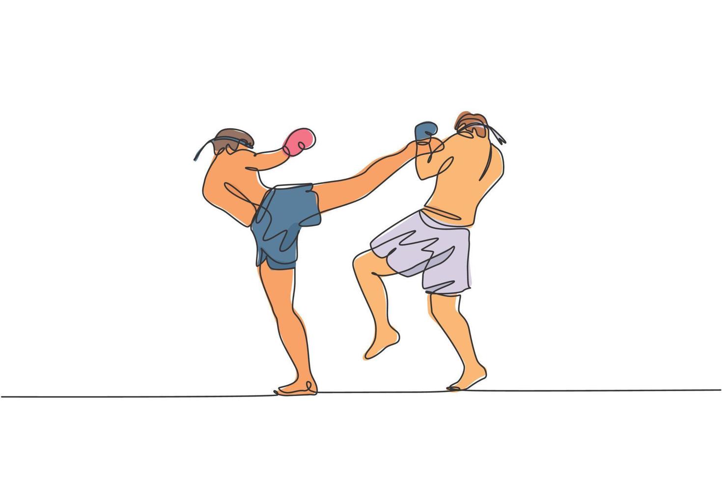 disegno a linea continua singola di due giovani uomini sportivi che allenano la boxe tailandese al centro del club di ginnastica. concetto di sport combattivo muay thai. evento di gara. illustrazione vettoriale di disegno di una linea alla moda