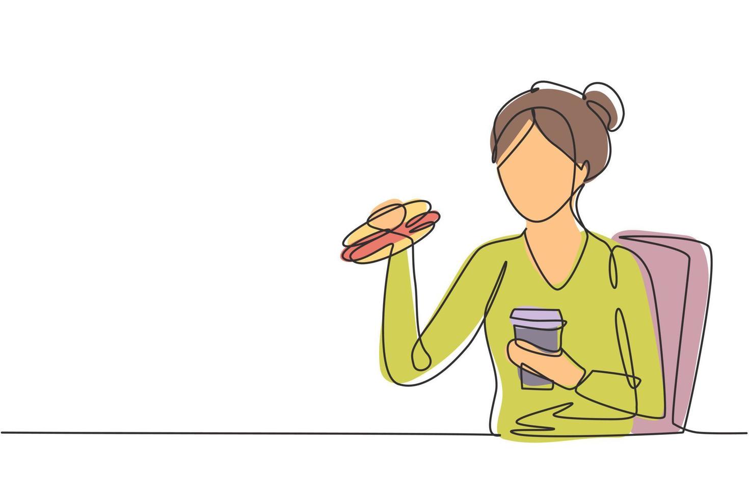 disegno continuo di una linea giovane donna che mangia un hamburger e beve una tazza di cola con la mano. felice e goditi il pranzo al ristorante. cibo delizioso. illustrazione grafica vettoriale di disegno di disegno a linea singola