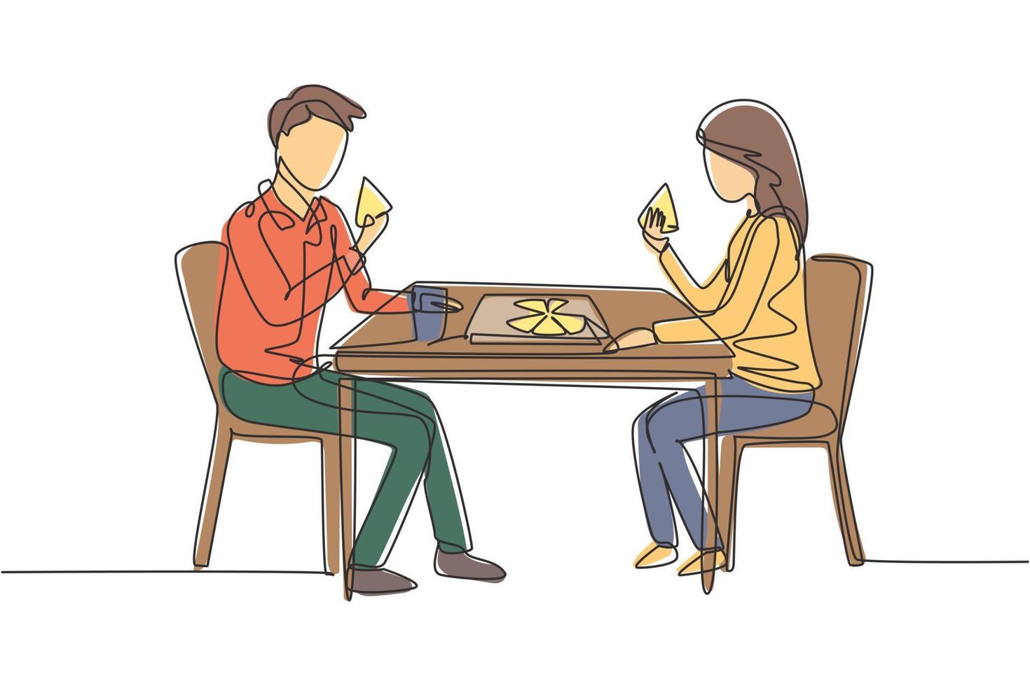 singolo disegno a tratteggio giovane coppia marito e moglie che mangiano intorno al tavolo. festeggiare l'anniversario di matrimonio con una cena romantica. illustrazione vettoriale grafica di disegno di disegno di linea continua moderna